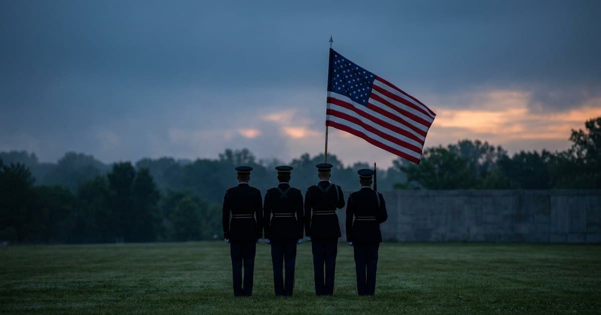 Service members in dress uniform standing at attention near an American flag