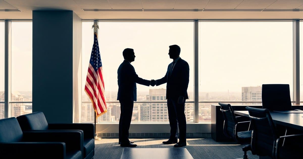 Two professionals shaking hands in an office with an American flag