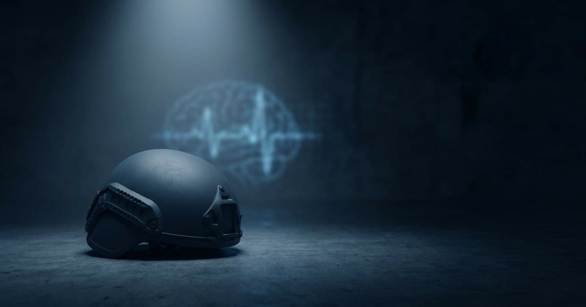 A military combat helmet with an abstract brain-scan motif