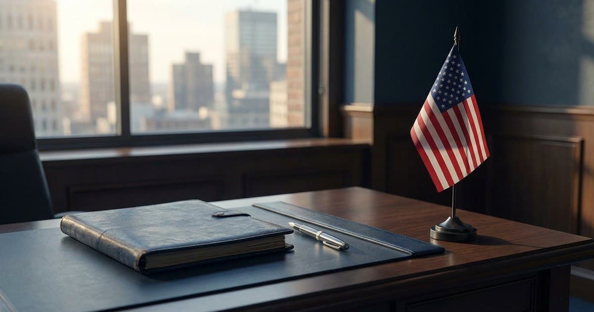 A law office desk with a document folder and a small American flag