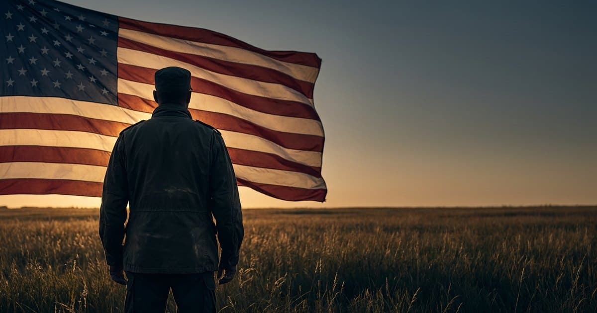 A military veteran standing before a large American flag