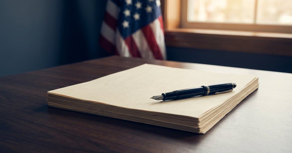 A pen resting on legal documents beside an American flag