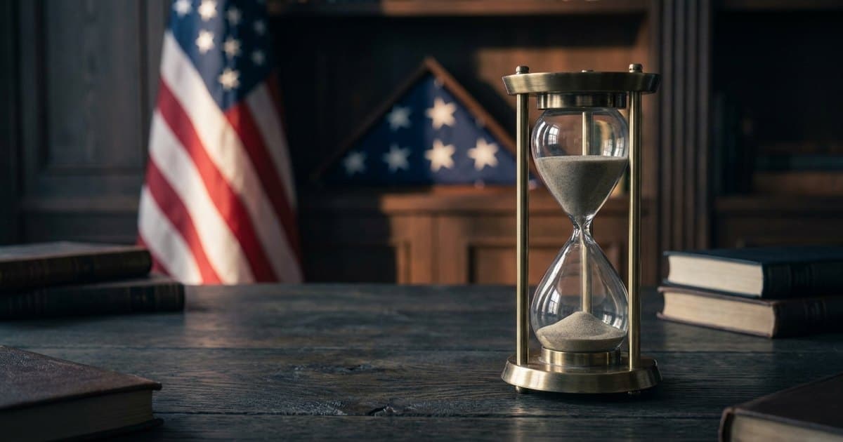 An hourglass on a desk beside an American flag, symbolizing a legal deadline