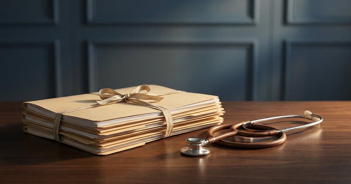A stack of medical file folders beside a stethoscope on a desk