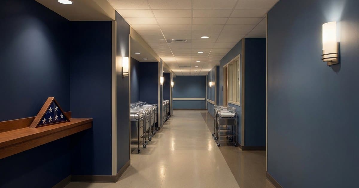 A softly lit hospital corridor