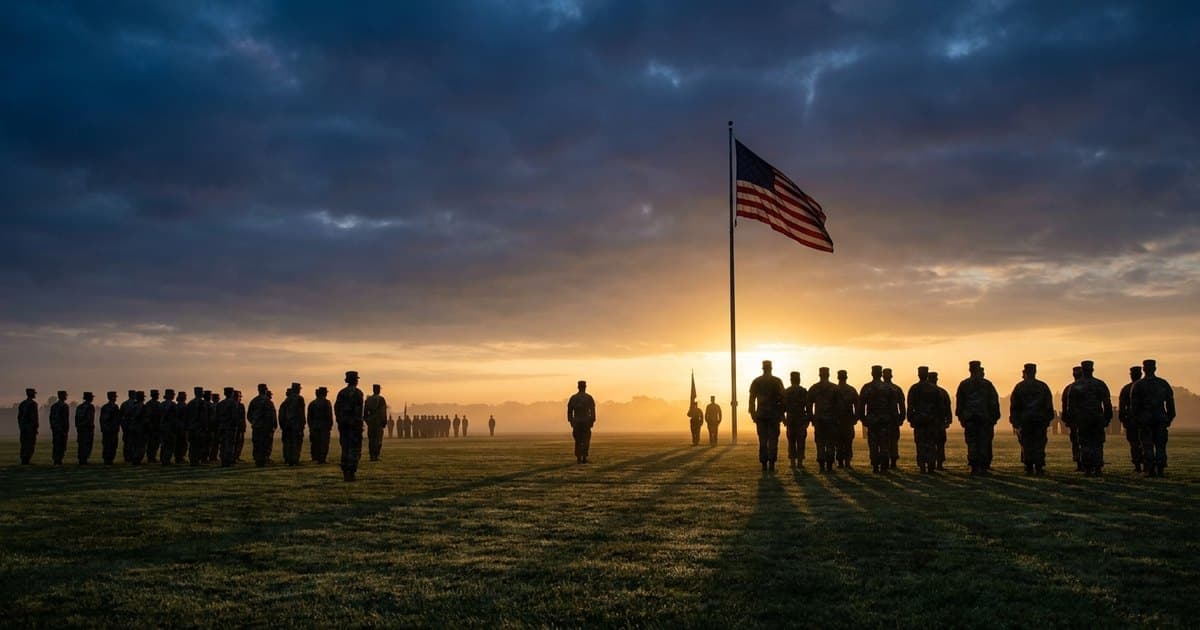 National Guard soldiers in formation at dawn beside an American flag