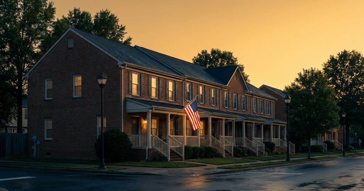 A row of American homes at dusk with an American flag
