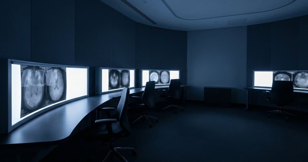 A radiology reading room with backlit medical scan displays
