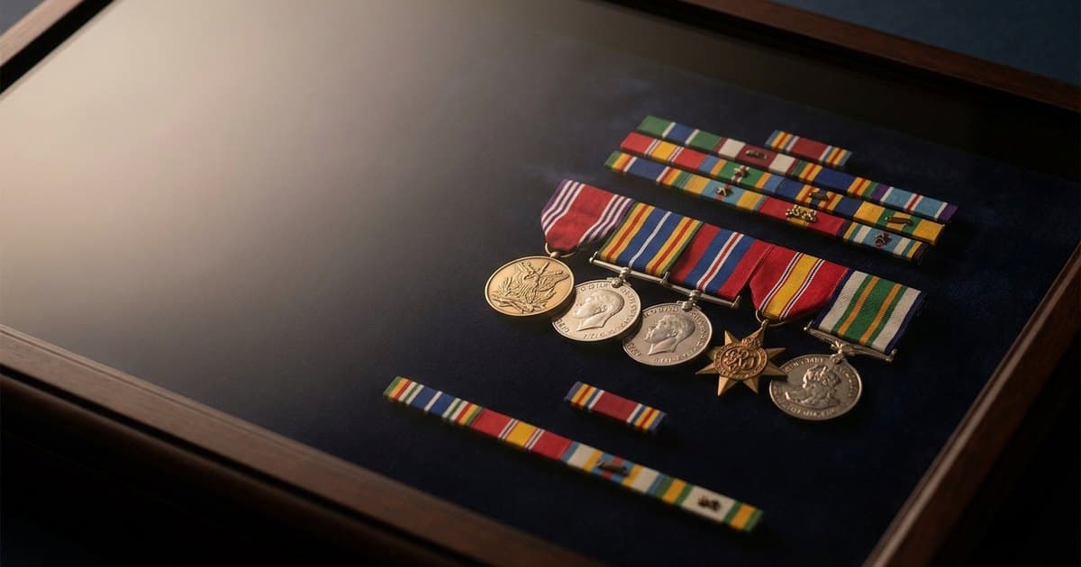 Military service medals and ribbons displayed on dark velvet