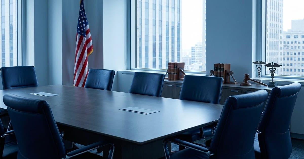 A conference table in a professional office with an American flag