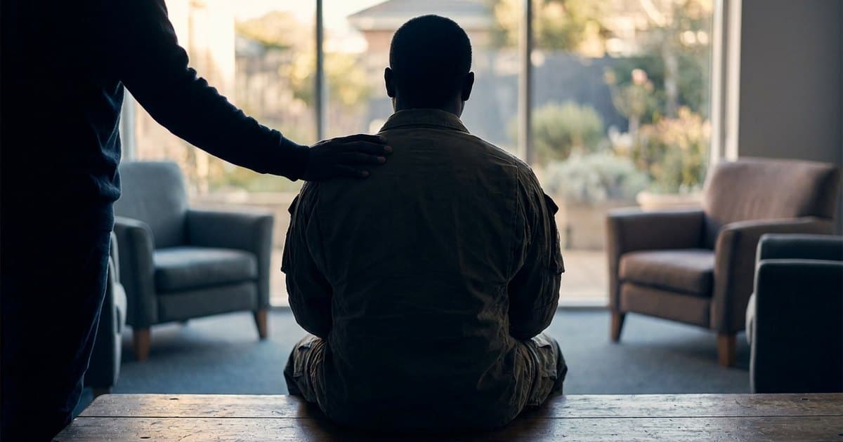 A supportive hand on the shoulder of a seated veteran