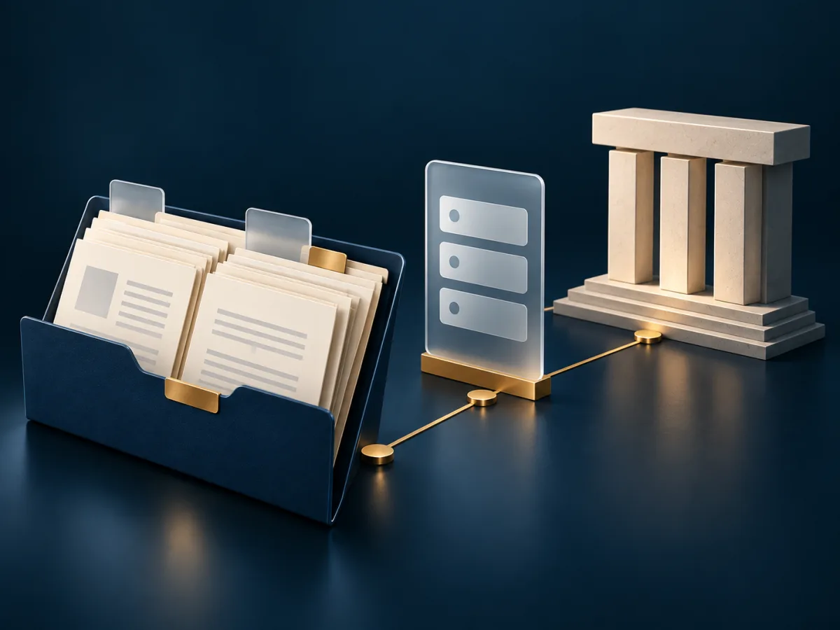 Editorial illustration connecting a document file, a review panel, and abstract civic architecture.