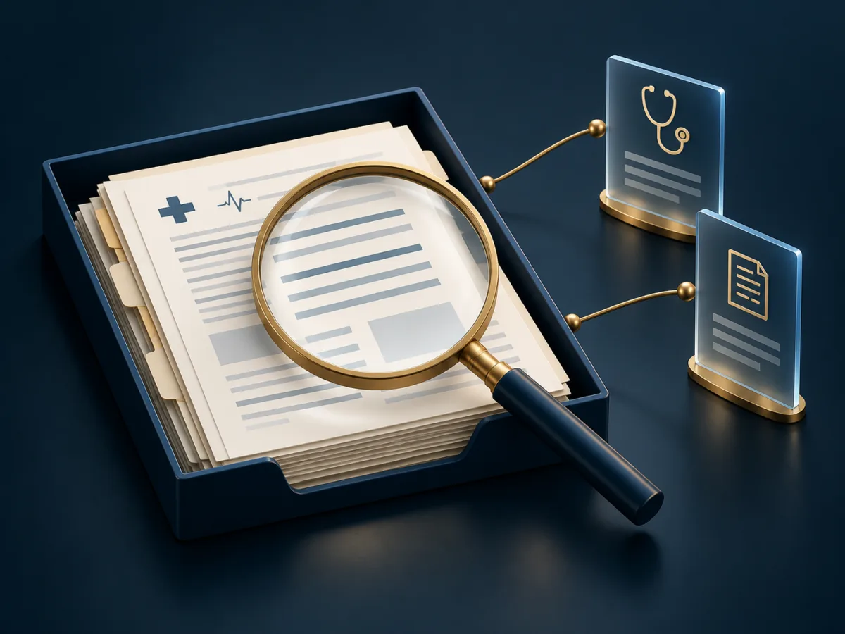 Editorial illustration of medical records examined through a lens alongside complementary review perspectives.