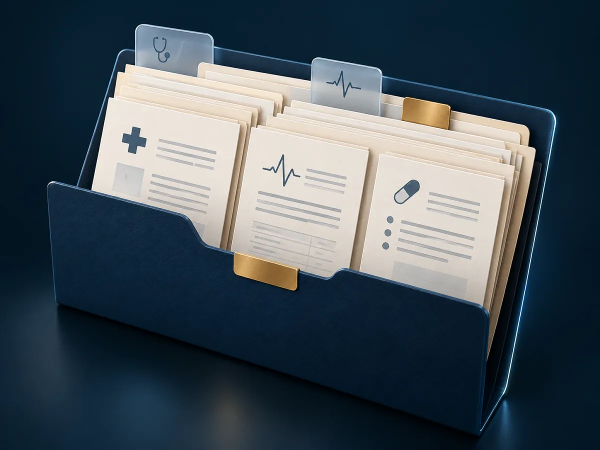 Editorial illustration of organized medical records and report dividers.