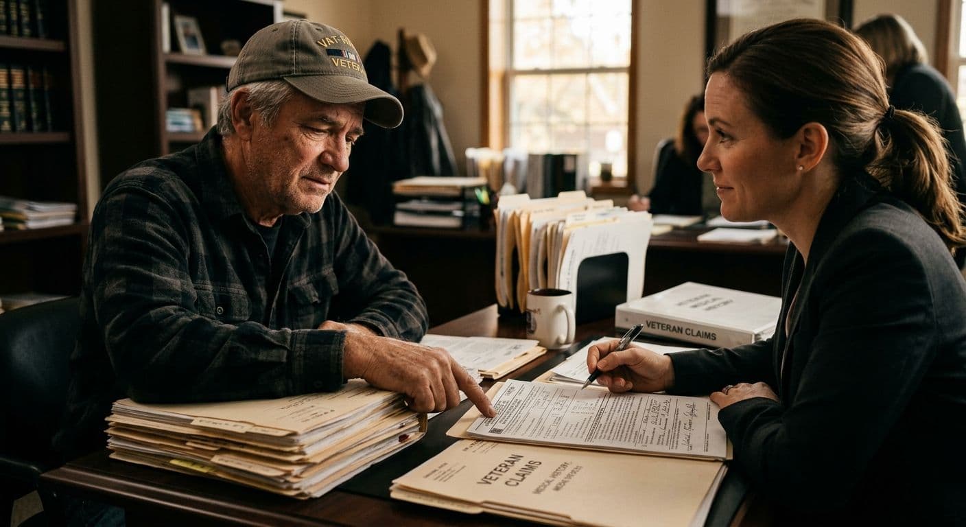 A veteran sitting across a desk from an attorney, reviewing a stack of medical records and a Standard Form 95, with a concerned but hopeful expression — conveying the weight of navigating a complex legal process with professional help.
