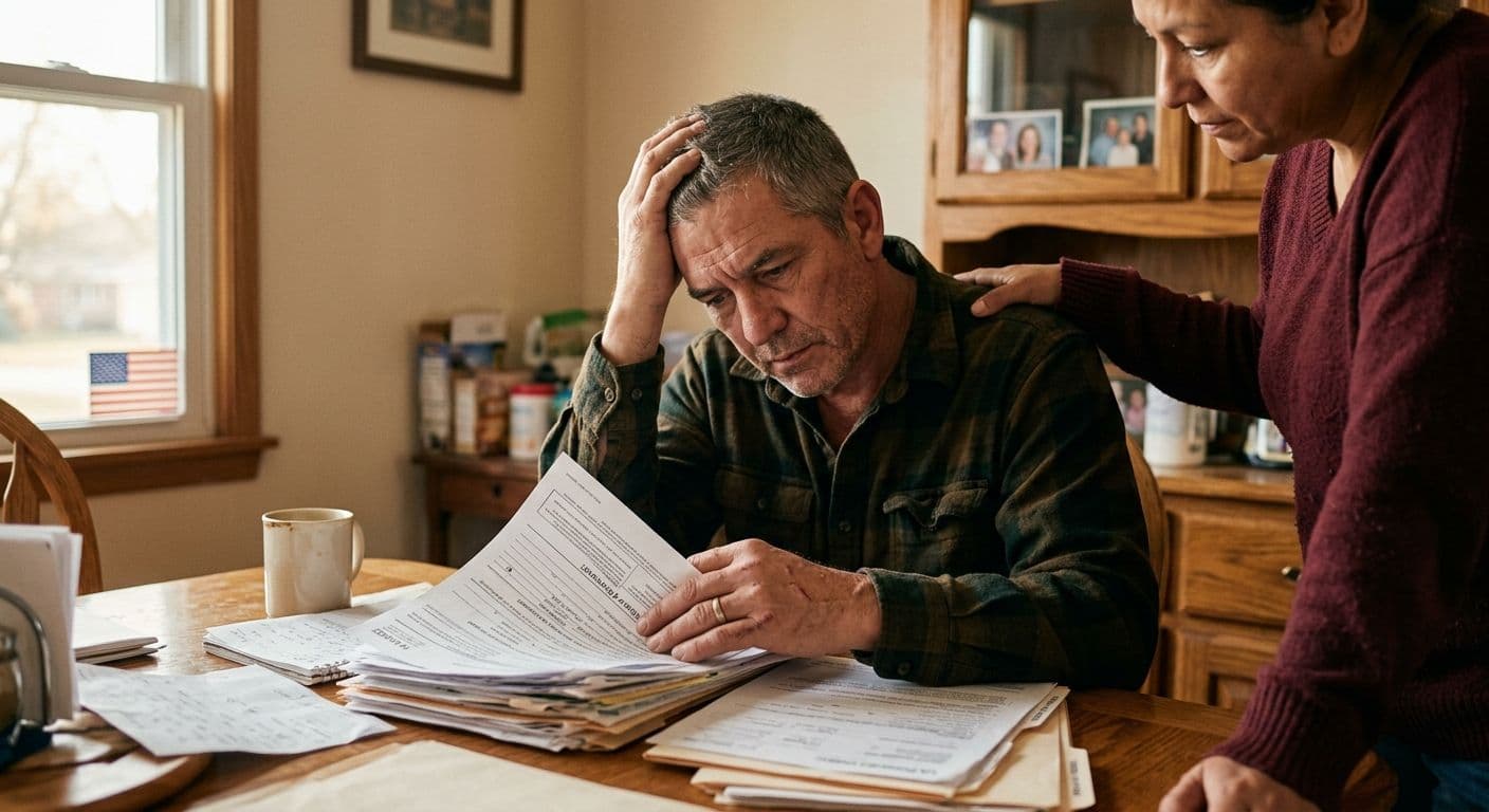 A veteran sitting at their dining room table, looking stressed while reviewing a stack of medical records and government forms, with a supportive spouse resting a hand on their shoulder.