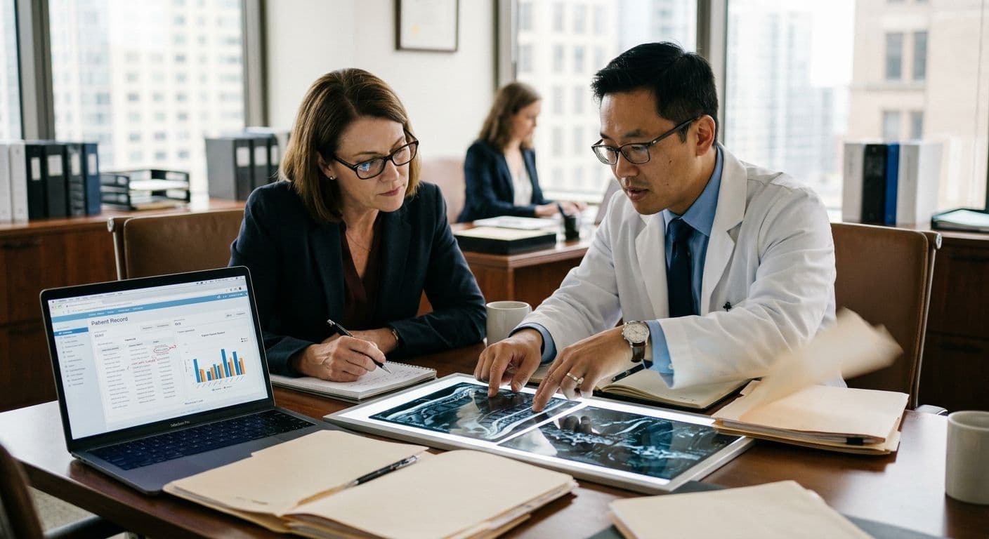 An attorney and a doctor reviewing medical imaging scans together at a conference table, with case files and a laptop visible, in a professional office setting