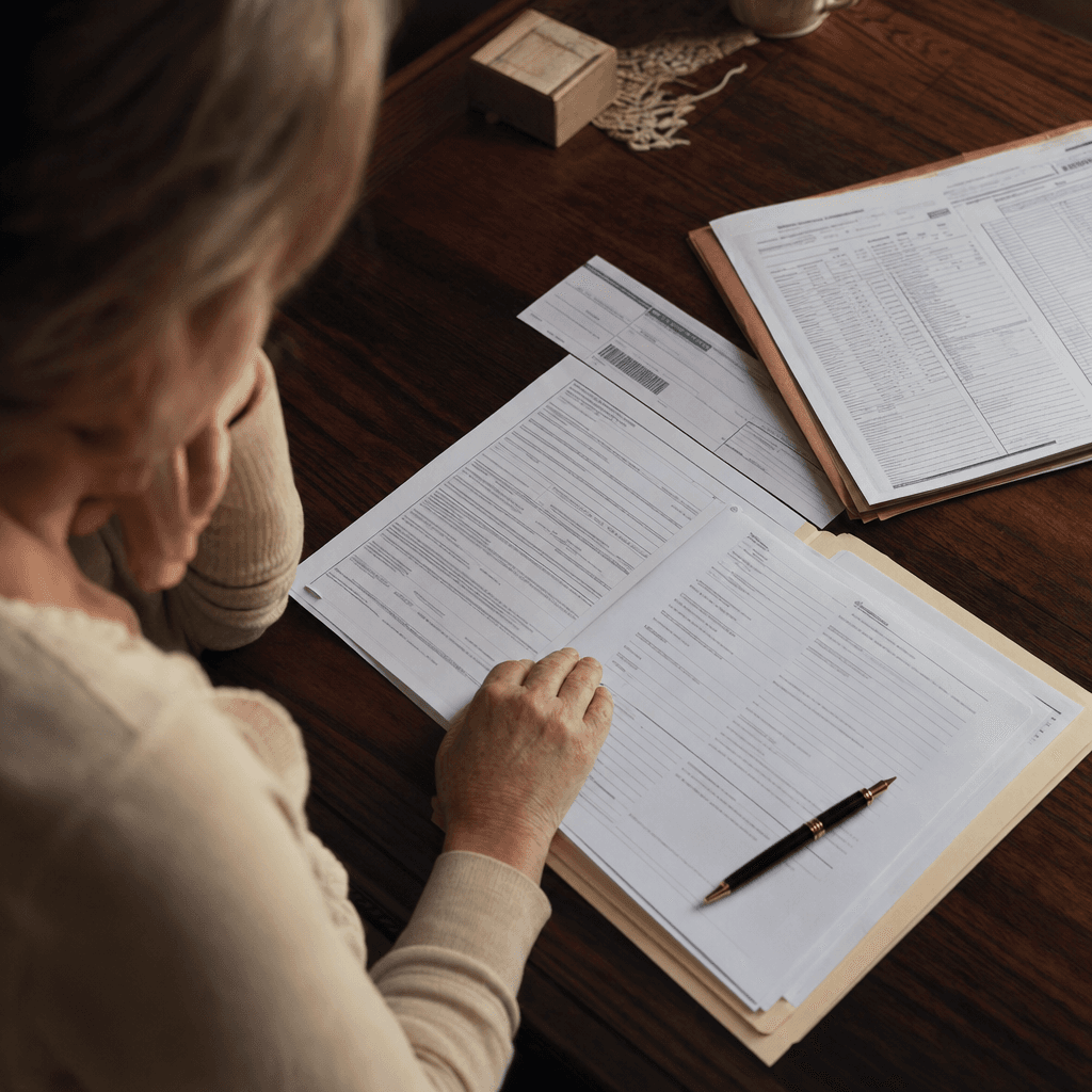 A flat-lay desk scene with a completed Standard Form 95, a certified mail receipt, medical records in a folder, and a fountain pen — conveying procedural precision.