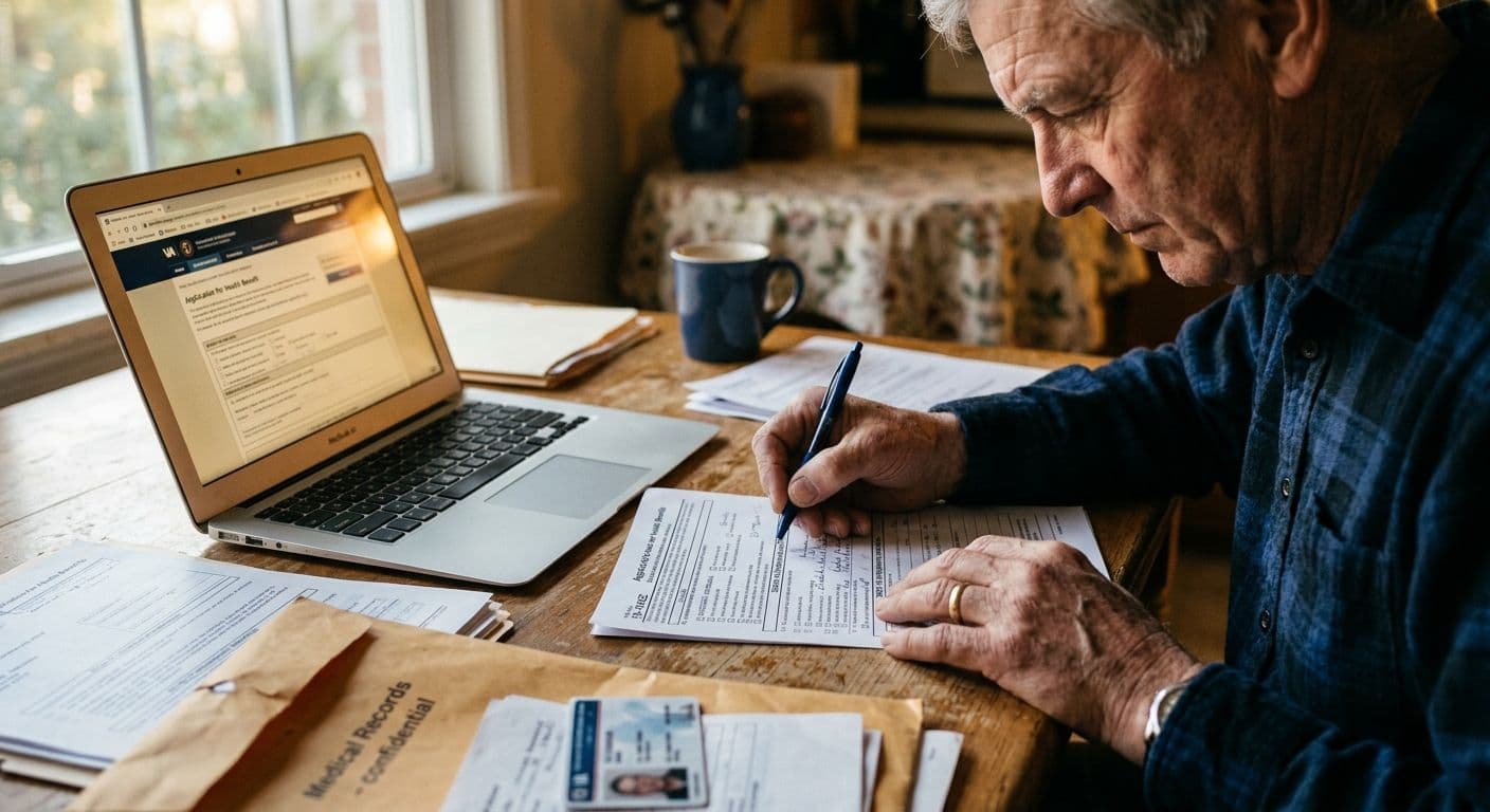 A close-up of a veteran's hands filling out paperwork at a kitchen table, with a laptop open to a government form, medical records spread out, and a pen poised — capturing the daunting reality of navigating bureaucratic requirements alone.