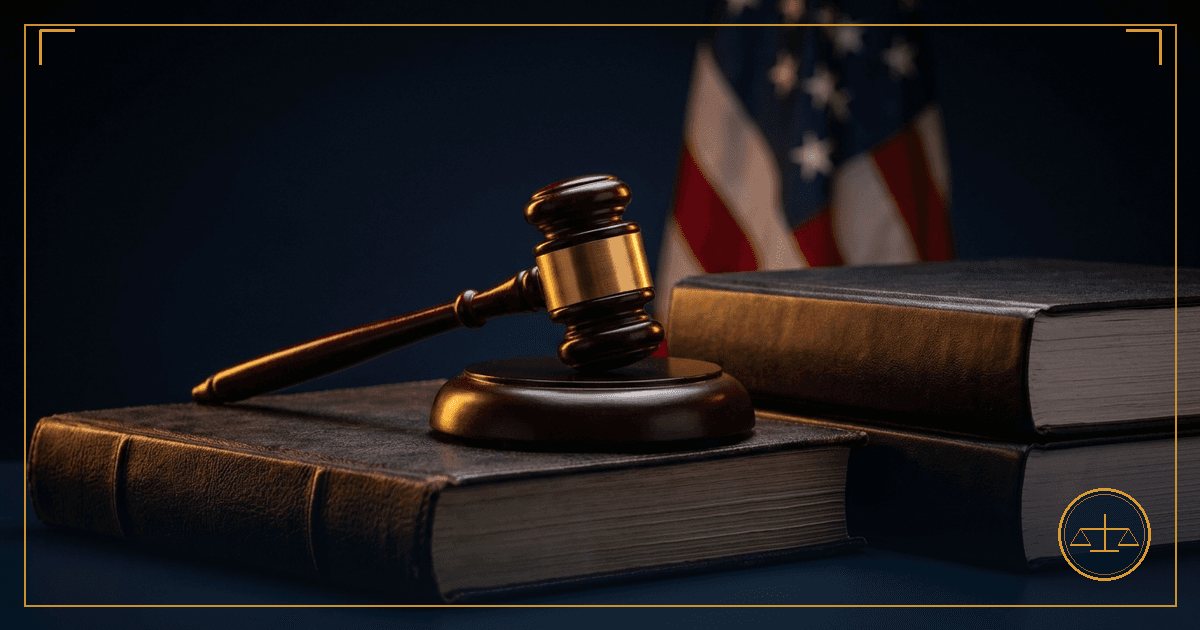 A judge's gavel resting on stacked legal case files with an American flag softly out of focus behind, symbolizing the government being substituted as the defendant in a federal case.