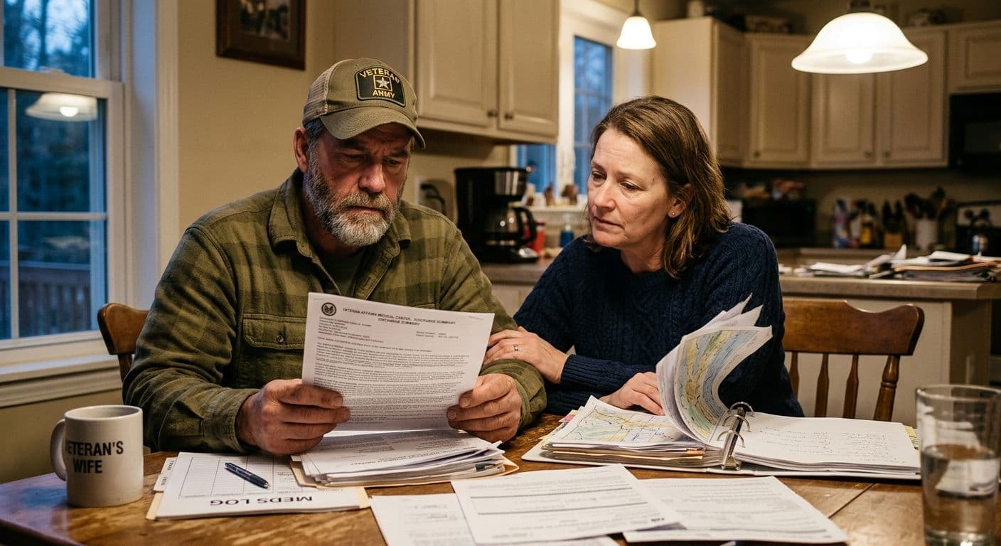 A concerned veteran and his spouse sitting at their kitchen table, carefully reviewing a stack of medical records and hospital discharge papers, looking determined but overwhelmed.