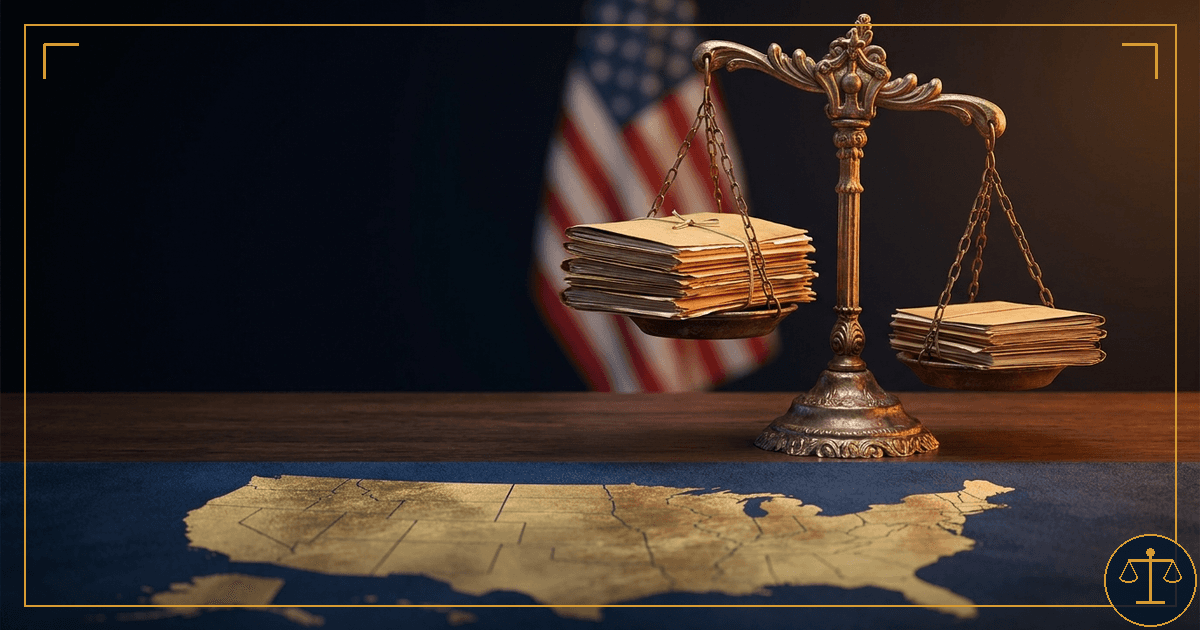 A set of bronze scales of justice, unevenly balanced with two different-sized stacks of legal case files, resting above a gold outline map of the United States with an American flag softly out of focus behind — symbolizing how compensation for the same type of case can differ depending on which state’s law applies.