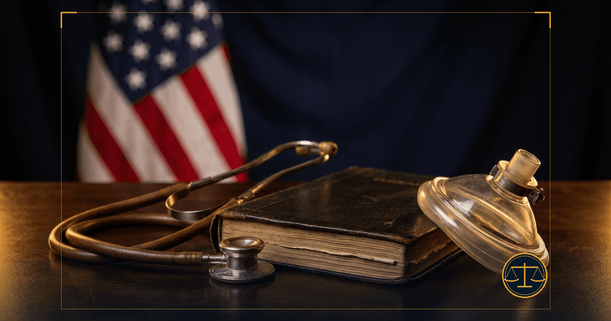 A vintage stethoscope coiled beside a worn clinical chart and a clear anesthesia mask on a dark table, an American flag softly out of focus behind, symbolizing anesthesia awareness during surgery.