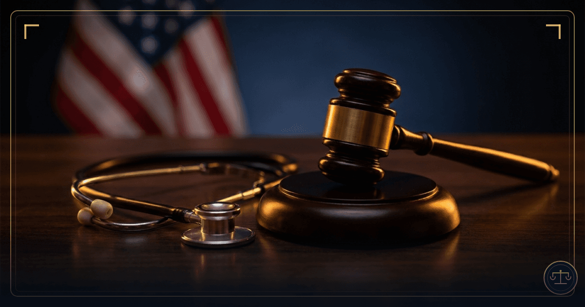 A judge's gavel resting beside a doctor's stethoscope on a dark wood surface, in front of a softly blurred American flag, symbolizing medical malpractice law.