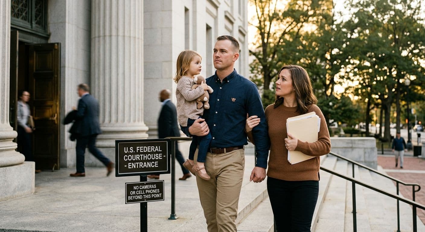 A military family — a service member in civilian clothes with their spouse and young child — walking into a federal courthouse, conveying both the gravity and the determination of pursuing justice through the legal system.
