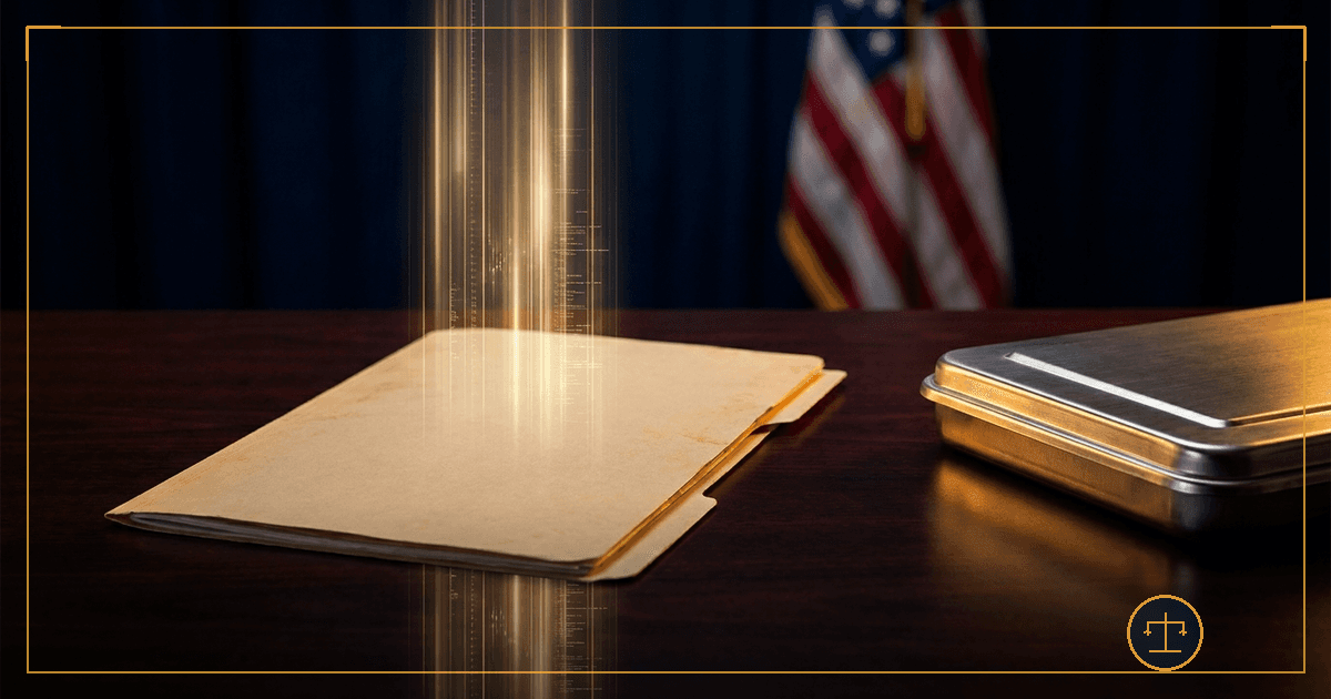 A closed manila case file with a translucent beam of glowing gold scan lines passing through it, beside a closed stainless steel surgical instrument tray, an American flag softly out of focus behind, symbolizing requesting the hidden audit trail and operative record behind a medical chart.
