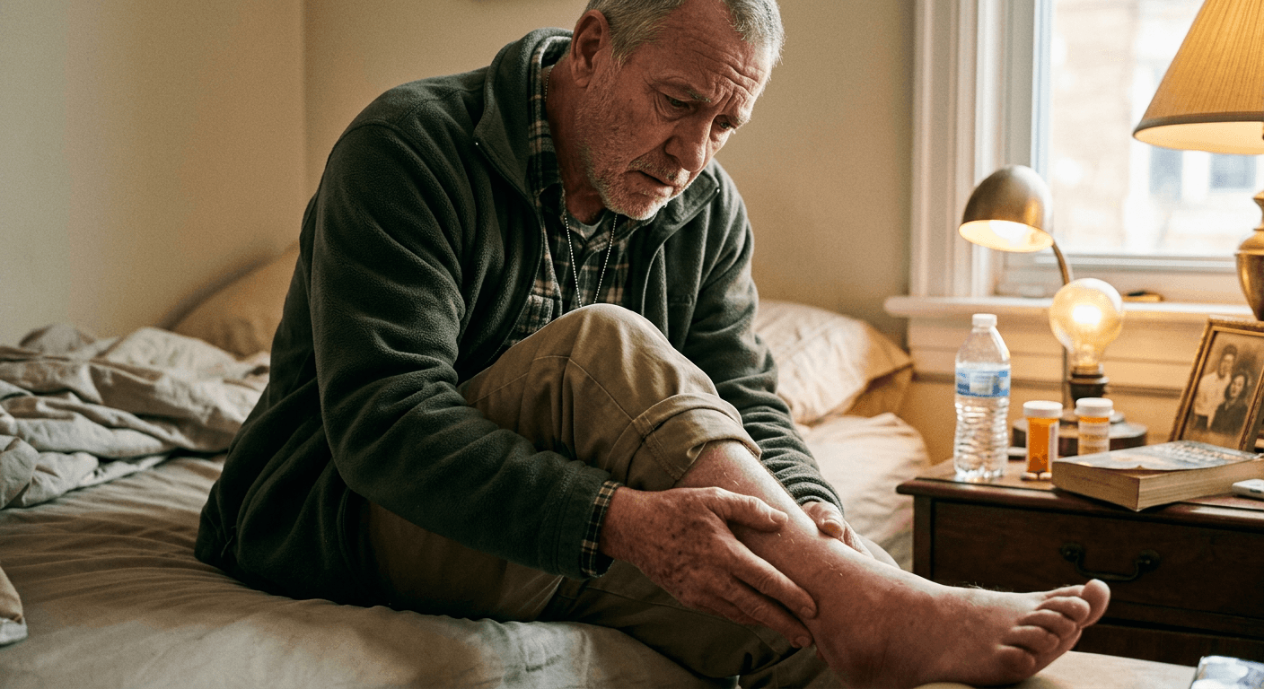 A middle-aged veteran sitting on the edge of a bed, looking exhausted while rubbing swollen ankles, depicting the subtle but heavy physical toll of early kidney failure.