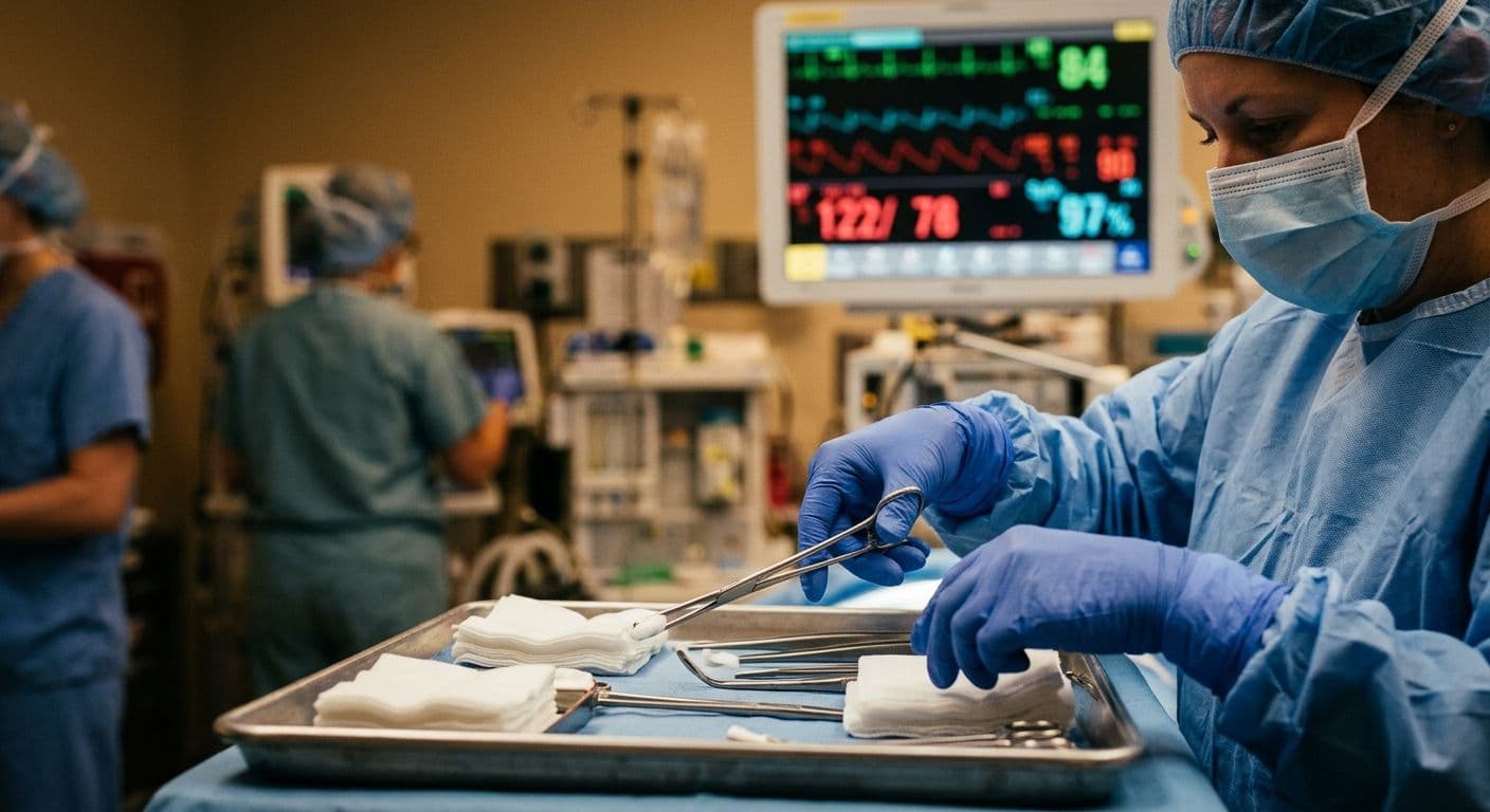 A close-up of a surgeon's gloved hands holding a surgical instrument over a sterile tray, with a blurred background of an operating room monitor displaying vital signs.
