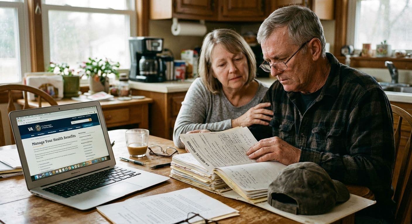 A veteran reviewing a thick stack of medical records at a kitchen table with a concerned spouse sitting beside them, a laptop open showing a government website