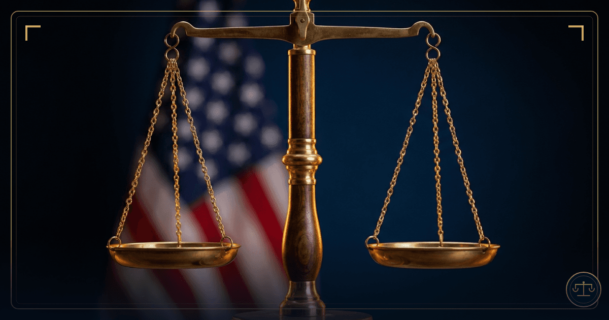 A brass and wood scales of justice balanced evenly in front of a softly blurred American flag, warmly lit against a deep navy background.