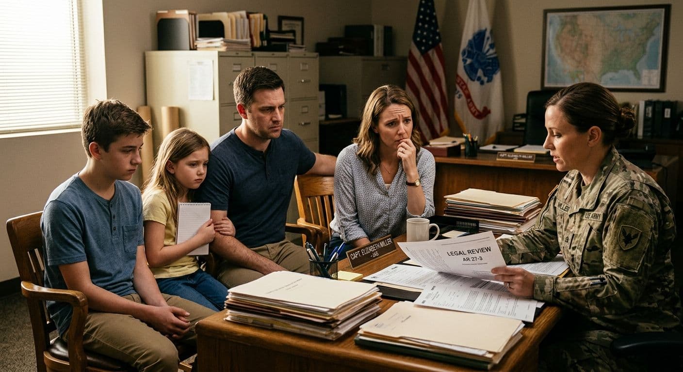 A civilian family sitting across from a military JAG officer at a desk covered in paperwork, the family looking concerned and uncertain while the officer reviews documents