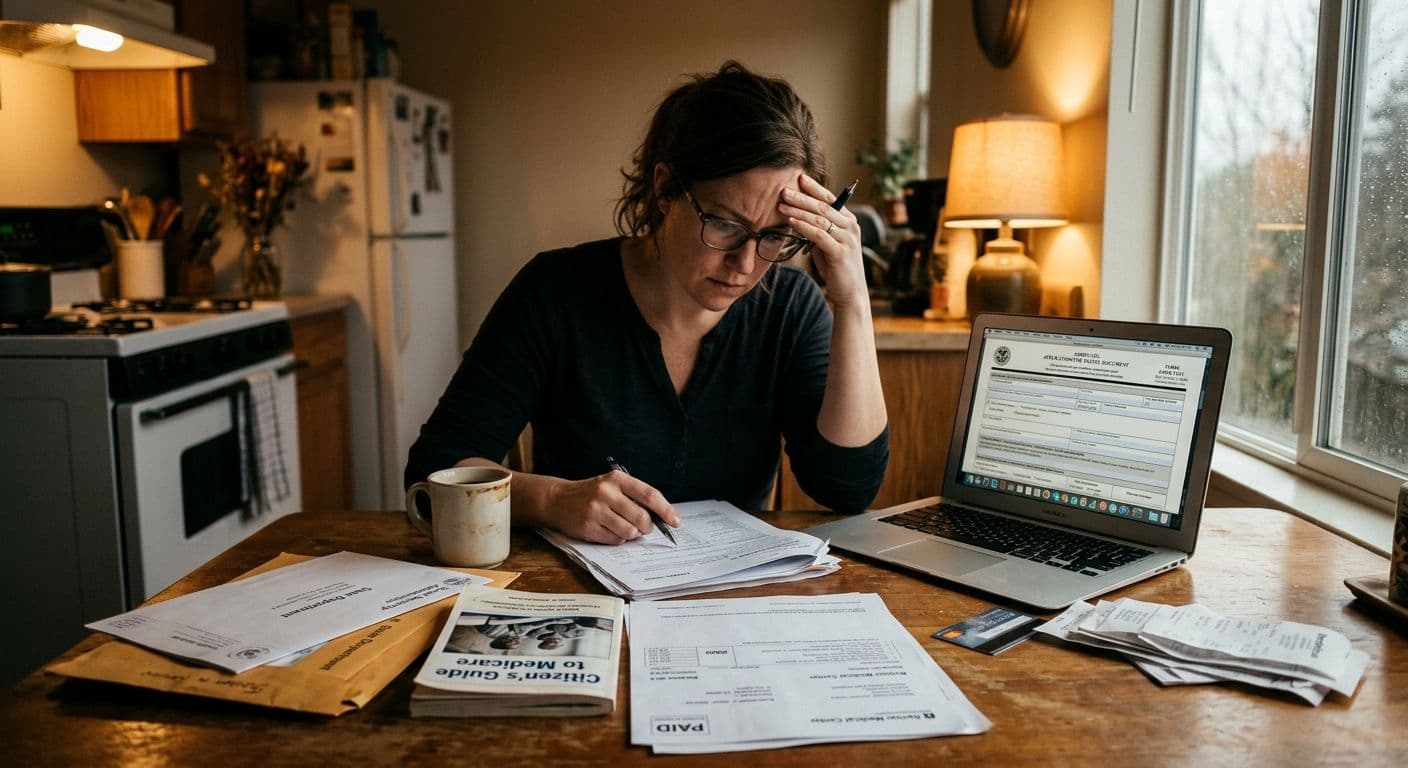 A person sitting at a kitchen table reviewing a stack of legal documents and medical bills, with a laptop open showing a government form, looking overwhelmed but determined
