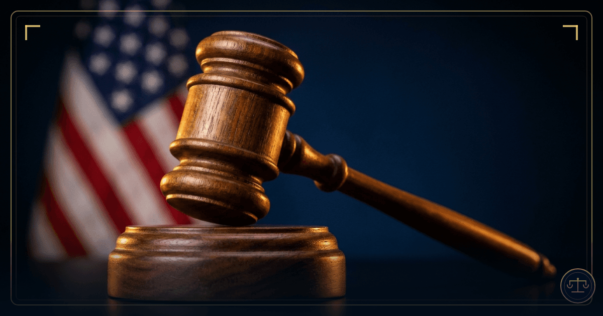 A wooden judge's gavel resting on a sound block in front of a softly blurred American flag, warmly lit against a deep navy background.