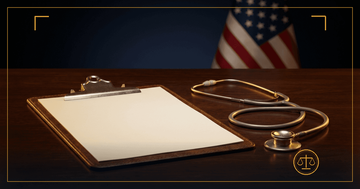 Medical examination clipboard and stethoscope on a desk with an American flag in the background, representing a VA C&P exam