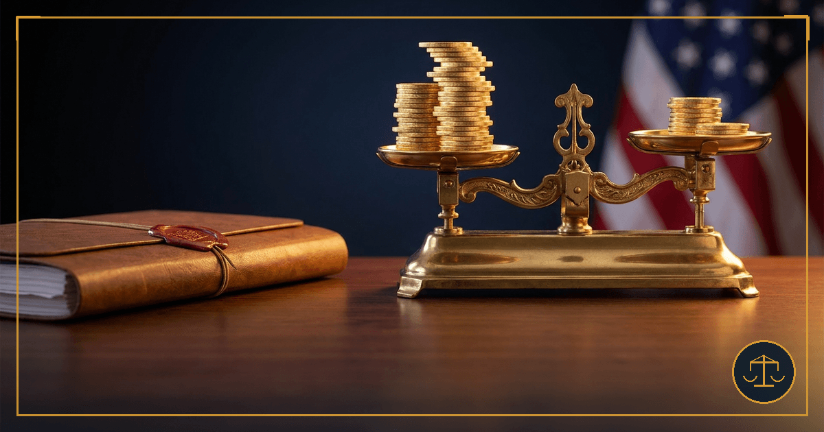 An antique brass balance scale weighing two unequal stacks of gold coins beside a closed, wax-sealed legal case file, an American flag softly out of focus behind, symbolizing raising a claim's dollar amount after it has already been filed.