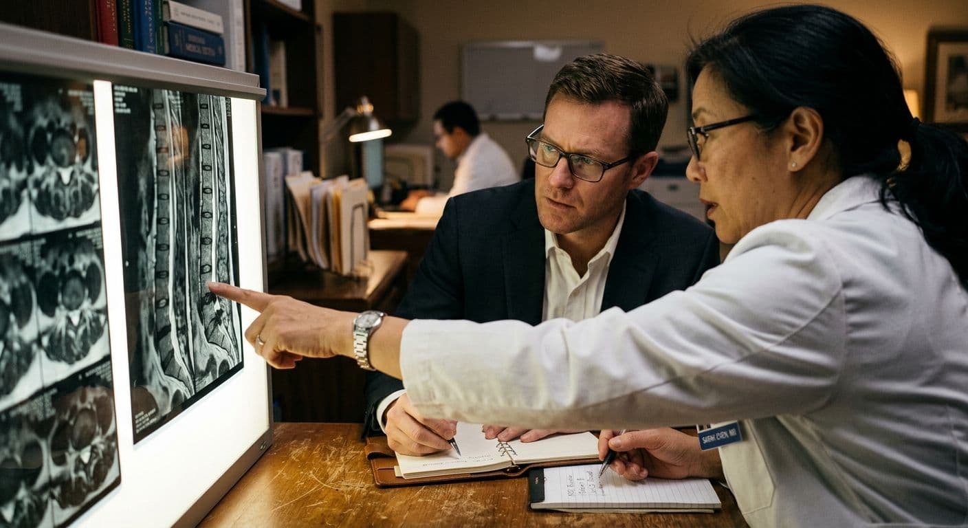 A close-up over the shoulder of a medical expert pointing at an MRI scan on a light board, explaining a missed diagnosis to an attorney taking notes.