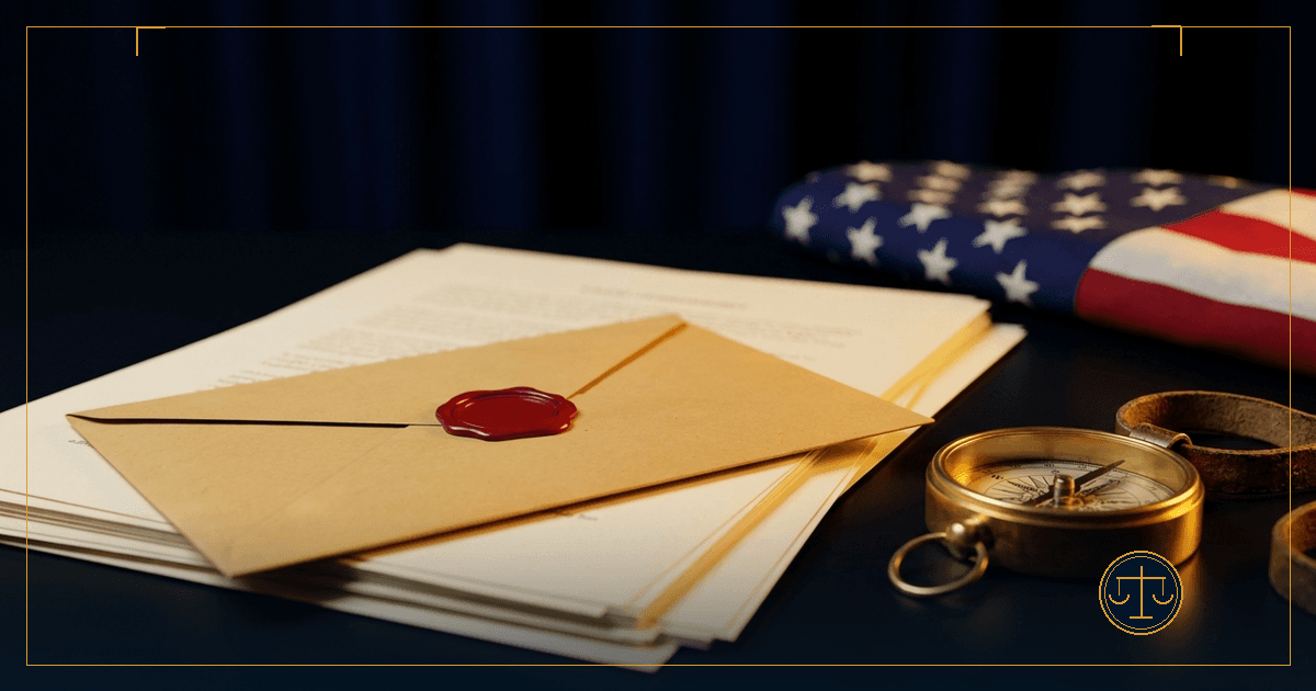 A sealed manila envelope resting on a stack of legal forms beside a brass compass, an American flag softly out of focus behind, symbolizing sending an FTCA claim to the correct federal agency.