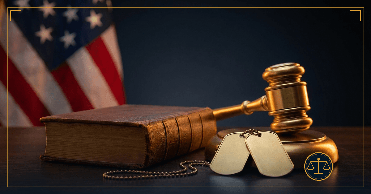A leather-bound law book and brass gavel beside a pair of blank military dog tags, an American flag softly out of focus behind, symbolizing the line between service-connected and non-service claims under the Feres doctrine.