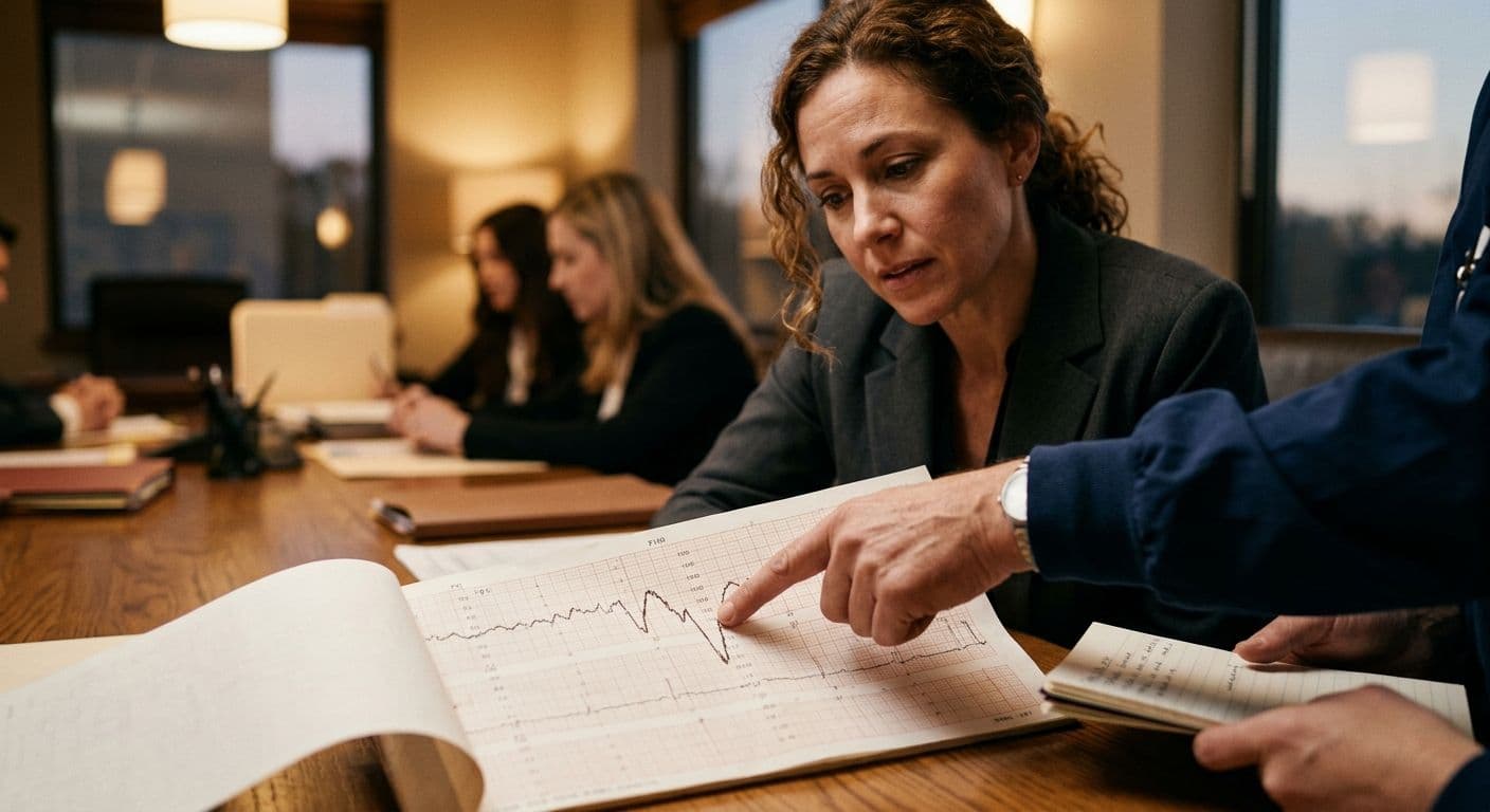 A close-up of a doctor's hand pointing at a jagged line on a fetal heart rate monitor printout, explaining the timeline of events to a legal team.