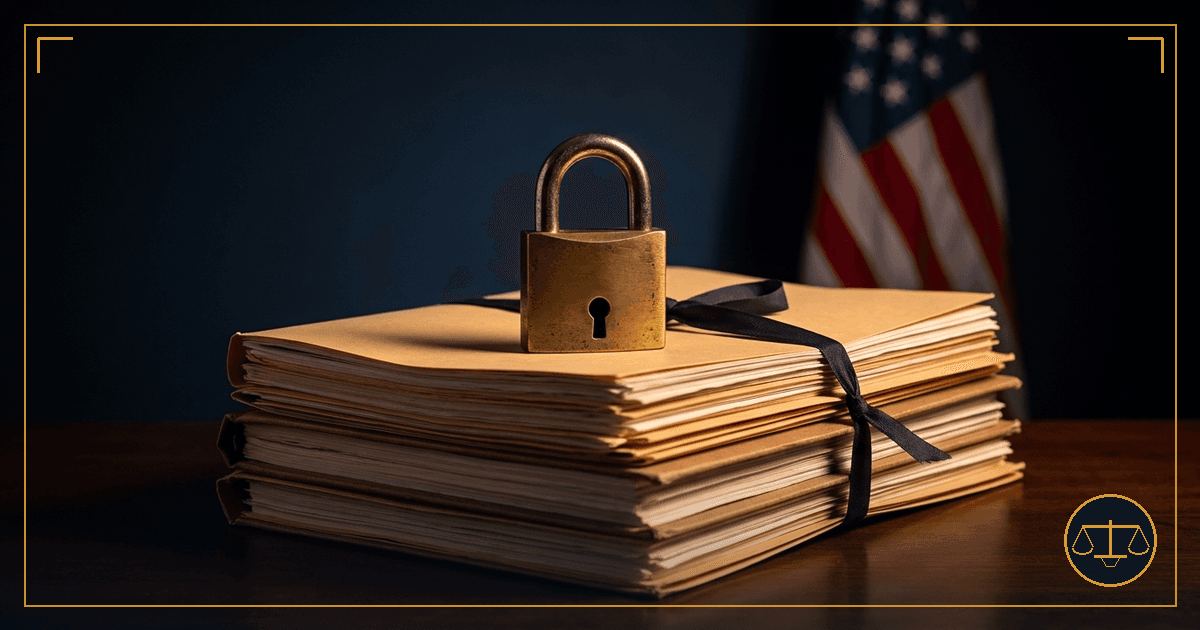 A brass padlock resting on a sealed stack of medical case files, with an American flag softly out of focus behind, symbolizing a VA quality-assurance investigation kept confidential by federal law.