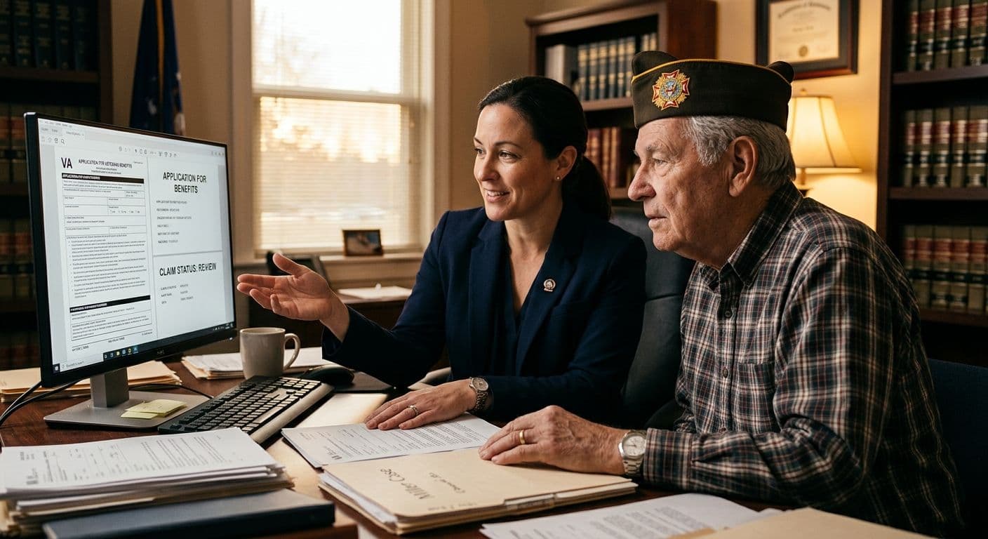 An attorney in a professional office reviewing documents with a veteran client, both looking at a computer screen displaying government forms, conveying trust and collaboration